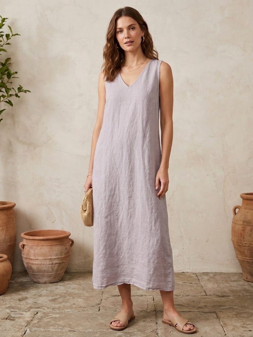 SOFT made in Italy 100 % Linen V Neck Midi Dress , Medium